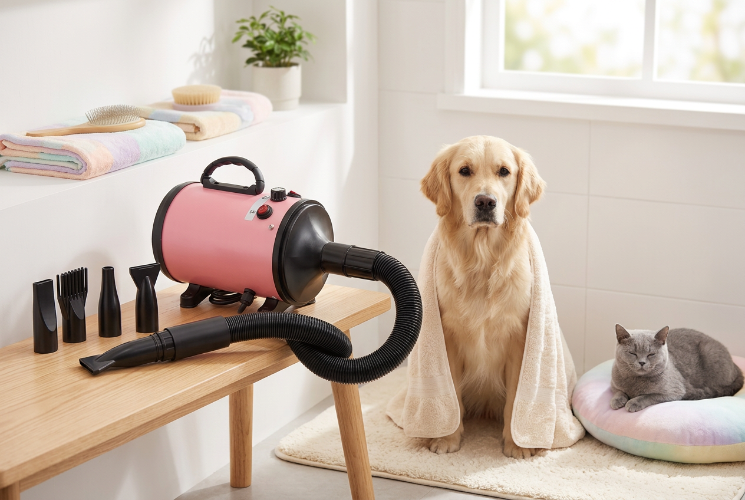 Pink animal hair dryer with hose and nozzles beside a calm golden retriever and gray cat in a bright grooming corner.