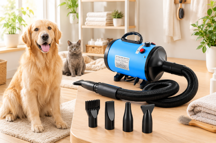 Blue Animal Hair Dryer with a black flexible hose and four nozzle attachments on a table, with a golden retriever and a gray cat in a bright grooming room.